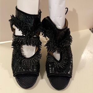 Aquazzura Black Fringe Open-Toe Women's Shoes